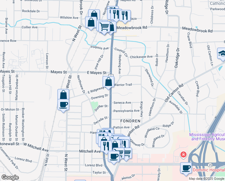 map of restaurants, bars, coffee shops, grocery stores, and more near 3808 North State Street in Jackson