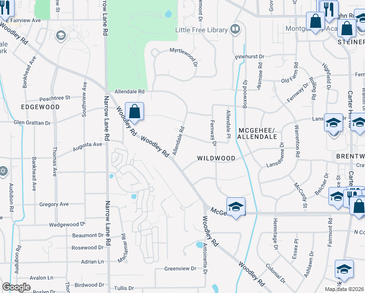 map of restaurants, bars, coffee shops, grocery stores, and more near 2235 Allendale Rd in Montgomery
