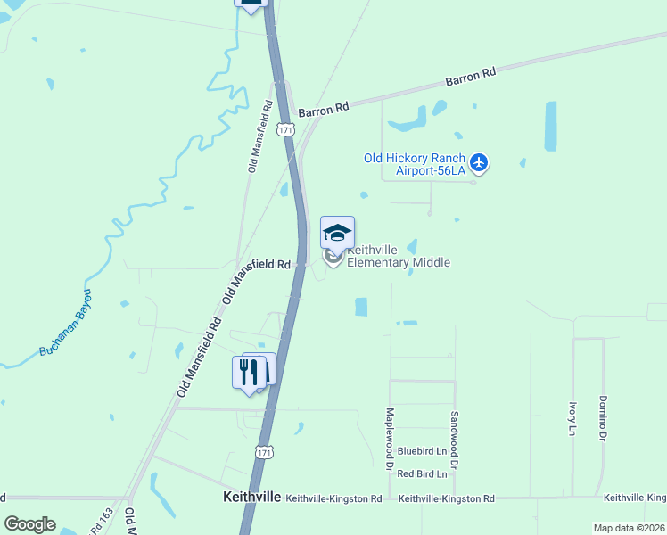 map of restaurants, bars, coffee shops, grocery stores, and more near 12201 Mansfield Road in Keithville