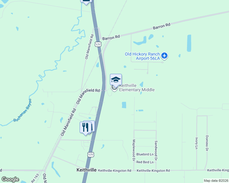 map of restaurants, bars, coffee shops, grocery stores, and more near 12201 Mansfield Road in Keithville