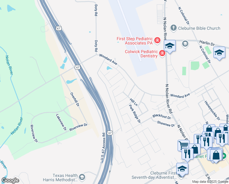map of restaurants, bars, coffee shops, grocery stores, and more near 2125 Woodard Avenue in Cleburne