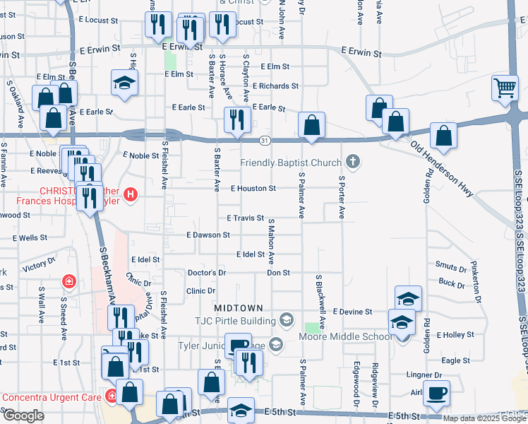 map of restaurants, bars, coffee shops, grocery stores, and more near 1504 East Travis Street in Tyler