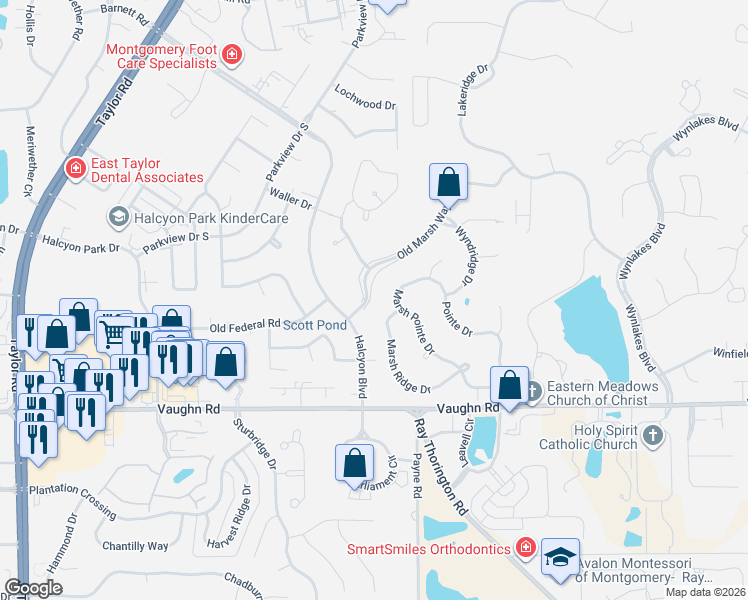 map of restaurants, bars, coffee shops, grocery stores, and more near 8701-8755 Old Marsh Way in Montgomery