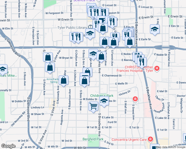 map of restaurants, bars, coffee shops, grocery stores, and more near 612 South College Avenue in Tyler