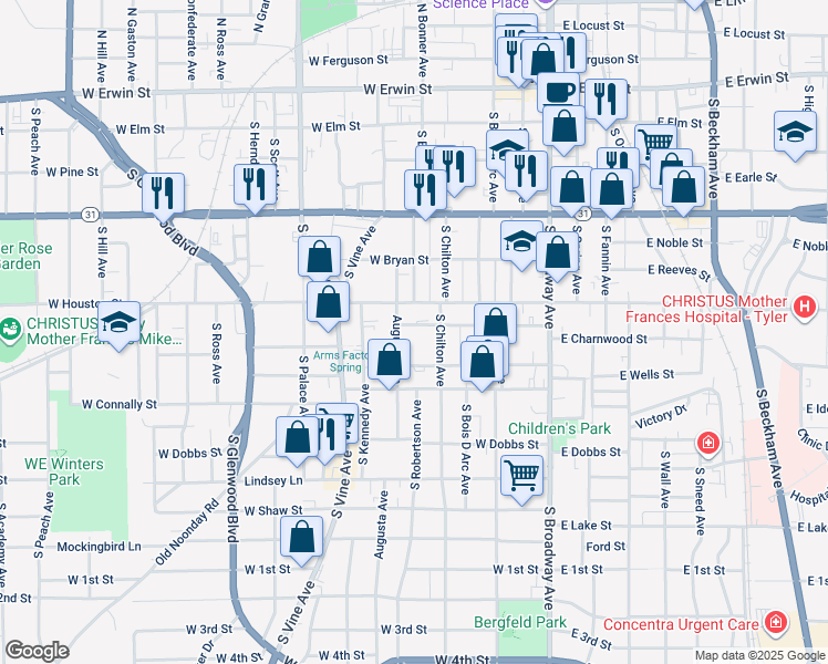 map of restaurants, bars, coffee shops, grocery stores, and more near 520 West Charnwood Street in Tyler
