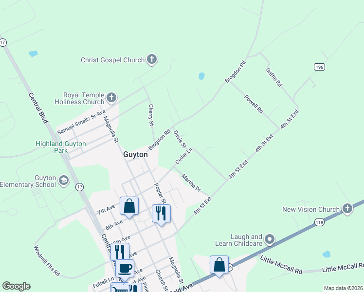map of restaurants, bars, coffee shops, grocery stores, and more near 149 Davis Street in Guyton