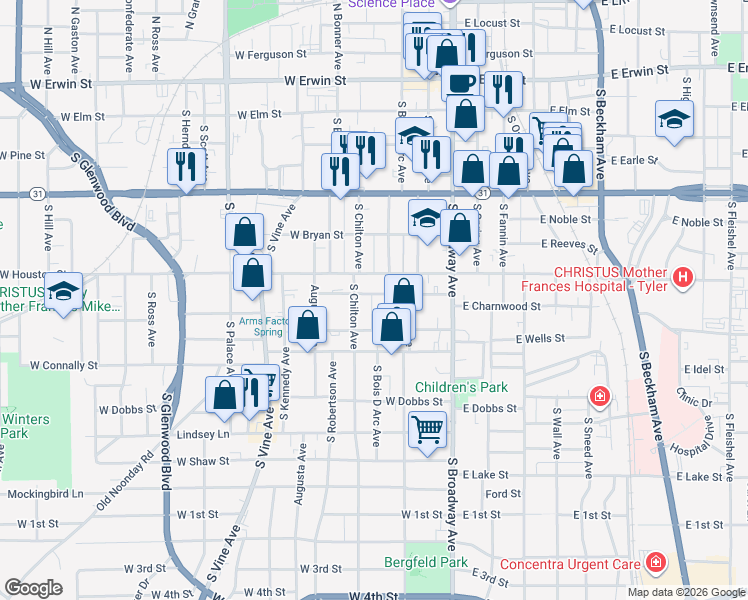 map of restaurants, bars, coffee shops, grocery stores, and more near 332 West Charnwood Street in Tyler