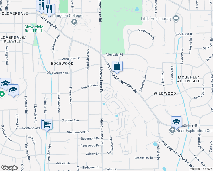 map of restaurants, bars, coffee shops, grocery stores, and more near 3400 Dartmouth Circle in Montgomery