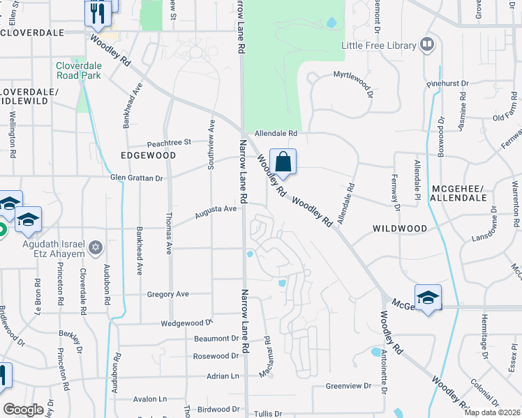 map of restaurants, bars, coffee shops, grocery stores, and more near 3400 Dartmouth Circle in Montgomery