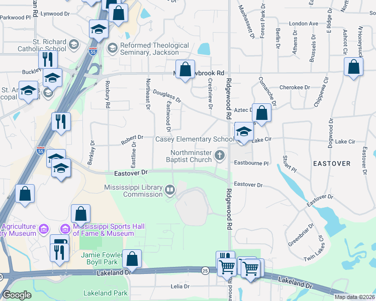 map of restaurants, bars, coffee shops, grocery stores, and more near 3925 Pinewood Drive in Jackson