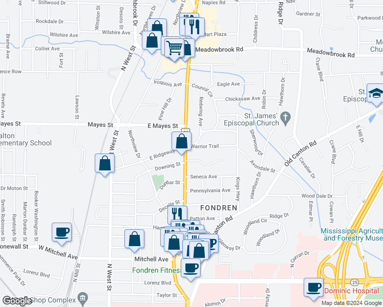 map of restaurants, bars, coffee shops, grocery stores, and more near 3826 North State Street in Jackson
