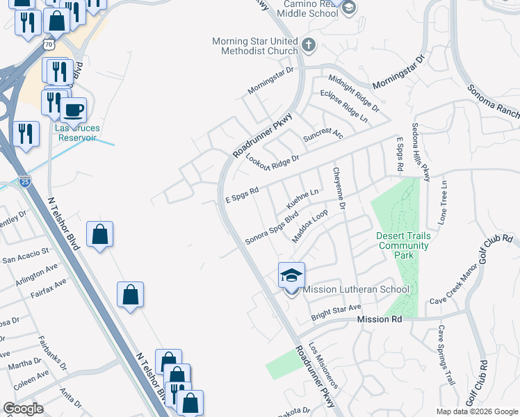 map of restaurants, bars, coffee shops, grocery stores, and more near 2881 Lookout Ridge Drive in Las Cruces