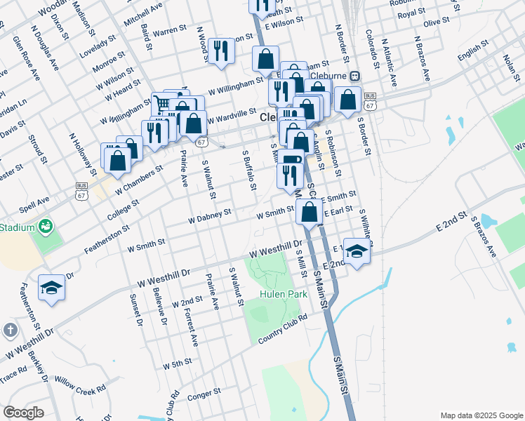 map of restaurants, bars, coffee shops, grocery stores, and more near 302 West Smith Street in Cleburne