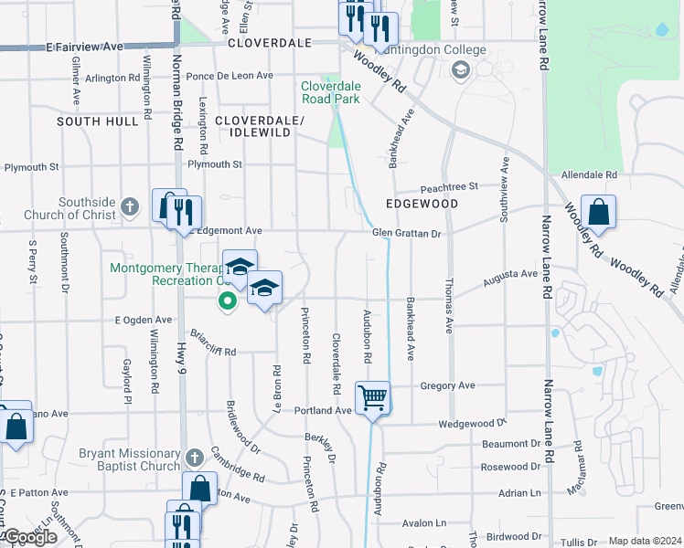 map of restaurants, bars, coffee shops, grocery stores, and more near 3463 Cloverdale Road in Montgomery