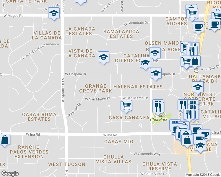 map of restaurants, bars, coffee shops, grocery stores, and more near 7461 North San Lorenzo Drive in Tucson