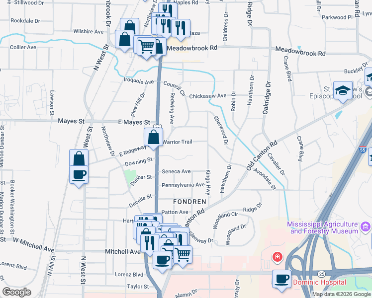 map of restaurants, bars, coffee shops, grocery stores, and more near 577 Warrior Trail in Jackson
