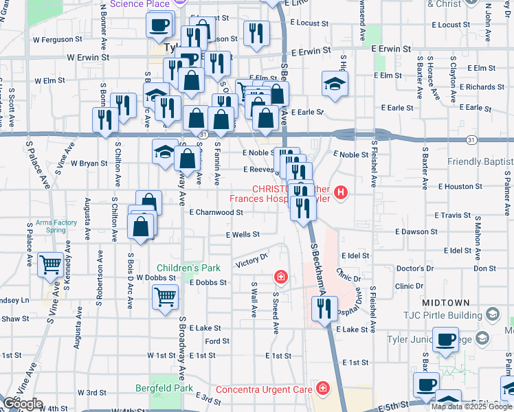 map of restaurants, bars, coffee shops, grocery stores, and more near 617 Niblack Place in Tyler