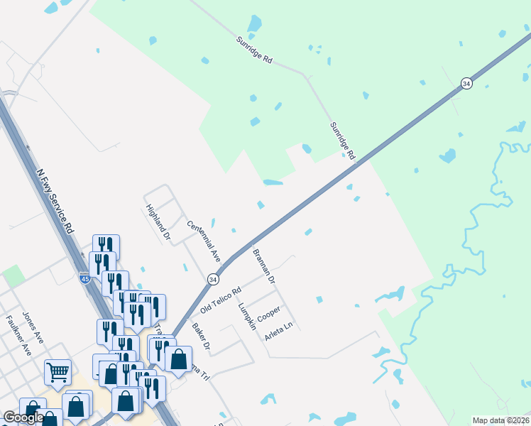 map of restaurants, bars, coffee shops, grocery stores, and more near 2000 E Ennis Ave in Ennis
