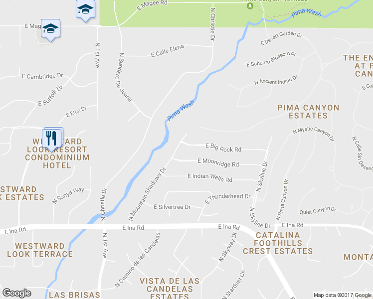 map of restaurants, bars, coffee shops, grocery stores, and more near 1222 East Big Rock Road in Tucson