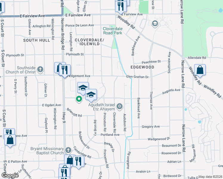 map of restaurants, bars, coffee shops, grocery stores, and more near 3455 Cloverdale Road in Montgomery
