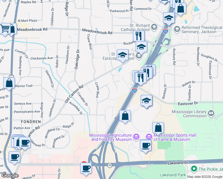 map of restaurants, bars, coffee shops, grocery stores, and more near 3931 Cambridge Street in Jackson