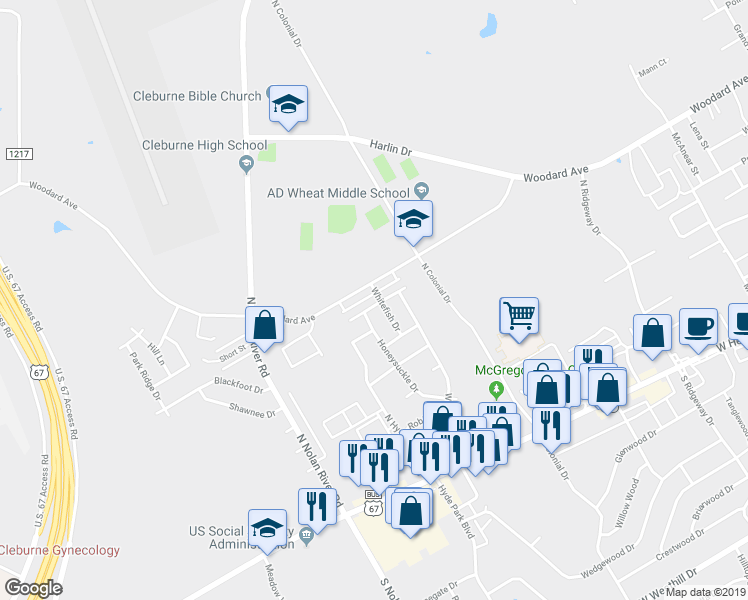 map of restaurants, bars, coffee shops, grocery stores, and more near 1630 Turtledove Drive in Cleburne