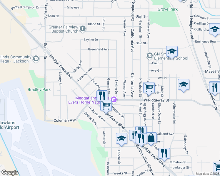 map of restaurants, bars, coffee shops, grocery stores, and more near 3640 Gammill Street in Jackson