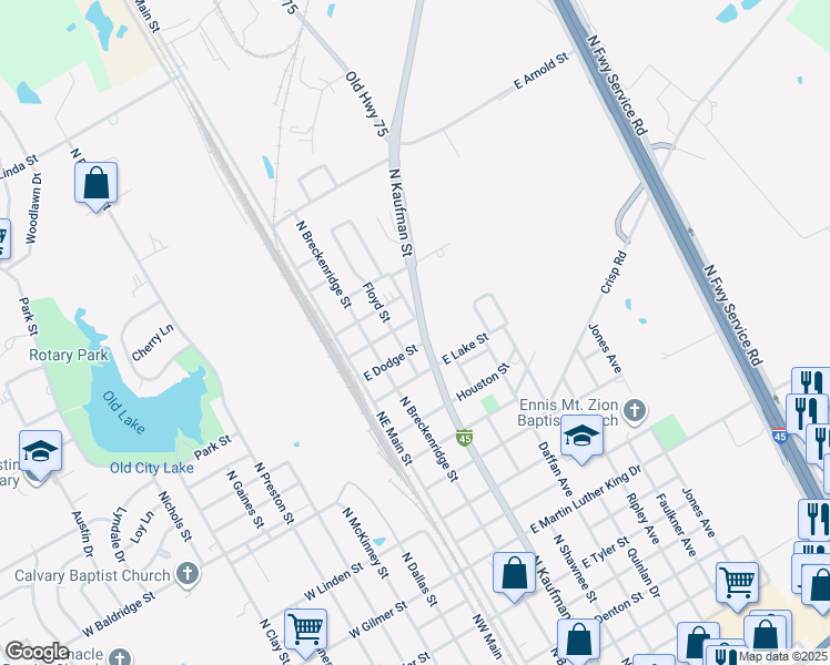 map of restaurants, bars, coffee shops, grocery stores, and more near 1705 North Kaufman Street in Ennis