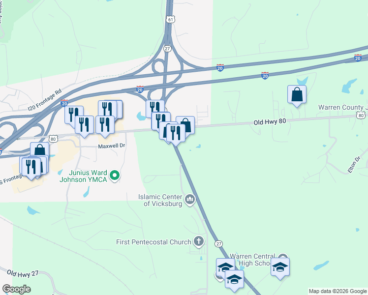 map of restaurants, bars, coffee shops, grocery stores, and more near 120 Mississippi 27 in Vicksburg