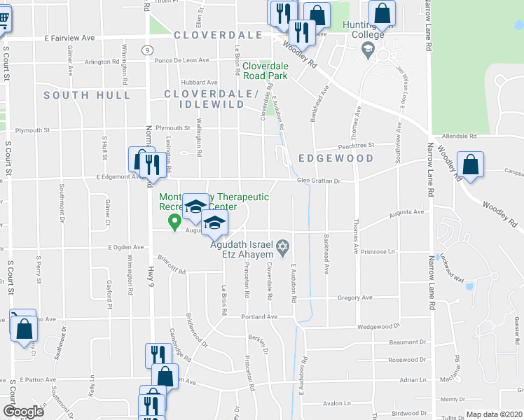 map of restaurants, bars, coffee shops, grocery stores, and more near 3455 Cloverdale Road in Montgomery