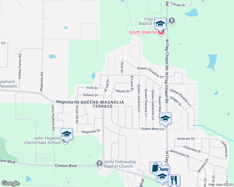 map of restaurants, bars, coffee shops, grocery stores, and more near 5650 Queen Mary Lane in Jackson