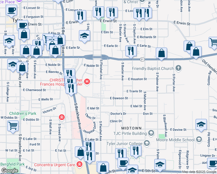 map of restaurants, bars, coffee shops, grocery stores, and more near 1125 Woodley Street in Tyler