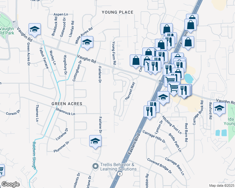 map of restaurants, bars, coffee shops, grocery stores, and more near 2166 Young Farm Place in Montgomery