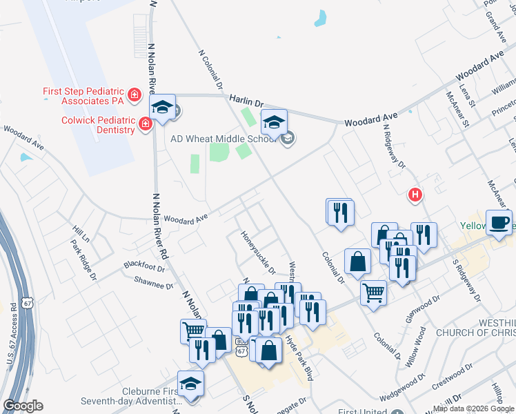map of restaurants, bars, coffee shops, grocery stores, and more near 1621 Turtledove Dr in Cleburne