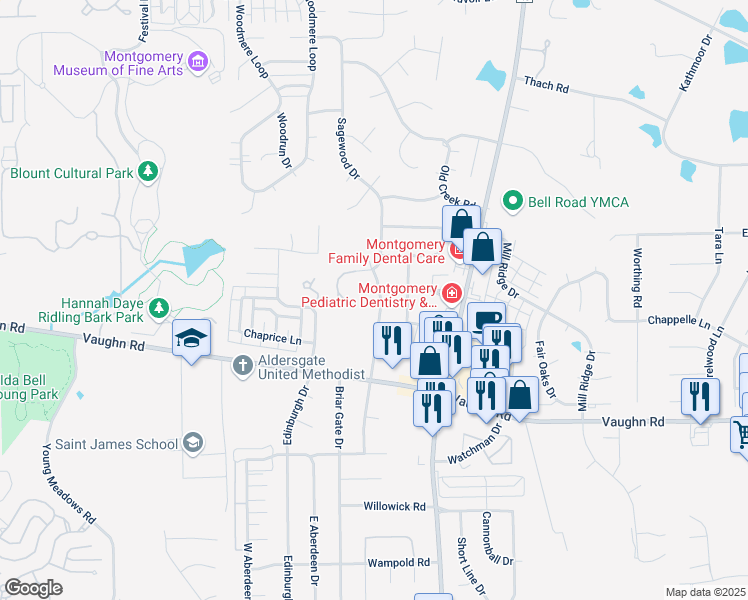 map of restaurants, bars, coffee shops, grocery stores, and more near 2612 Old Orchard Lane in Montgomery