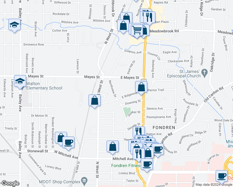 map of restaurants, bars, coffee shops, grocery stores, and more near 3722 Northview Drive in Jackson