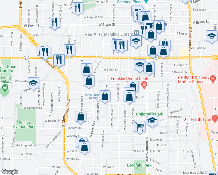 map of restaurants, bars, coffee shops, grocery stores, and more near 522 West Charnwood Street in Tyler