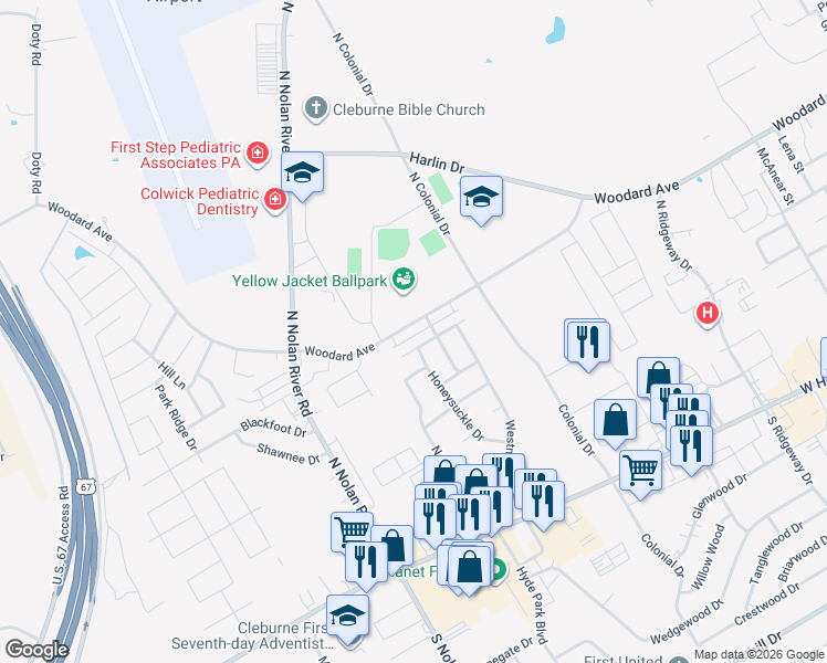 map of restaurants, bars, coffee shops, grocery stores, and more near 1635 Woodard Ave in Cleburne