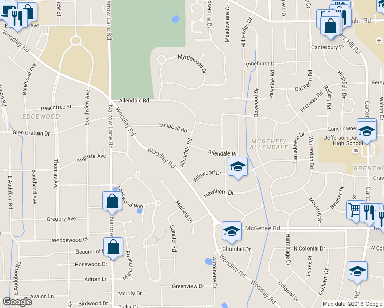 map of restaurants, bars, coffee shops, grocery stores, and more near 2235 Allendale Road in Montgomery