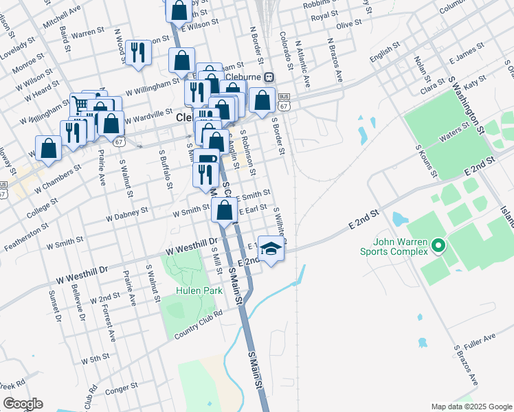 map of restaurants, bars, coffee shops, grocery stores, and more near 608 S Robinson St in Cleburne