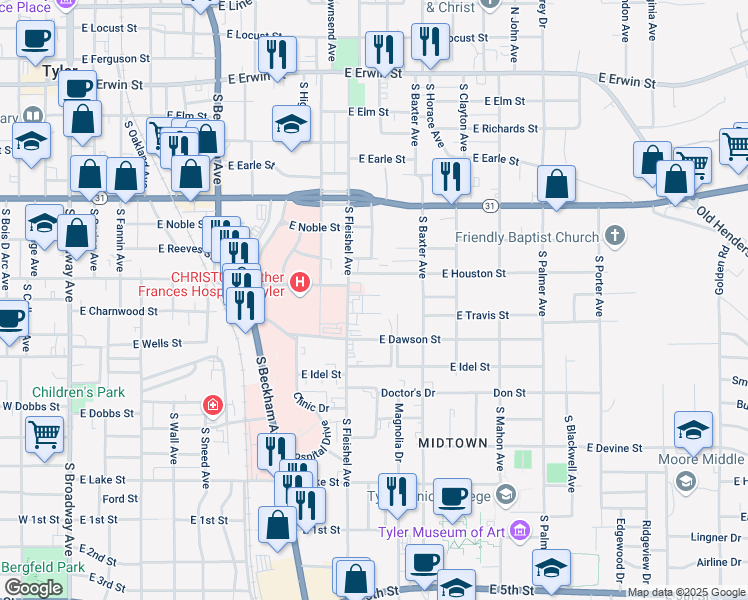 map of restaurants, bars, coffee shops, grocery stores, and more near 1125 Woodley Street in Tyler