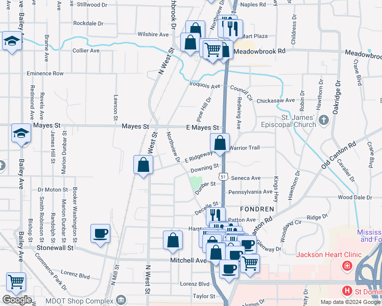 map of restaurants, bars, coffee shops, grocery stores, and more near 428 East Ridgeway Street in Jackson