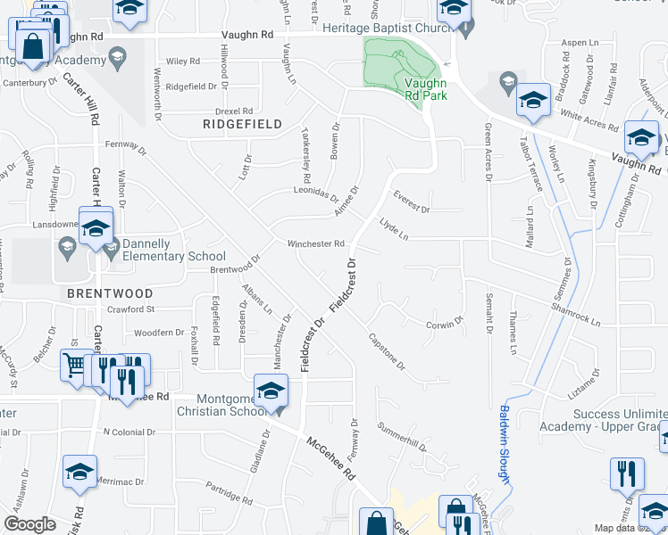 map of restaurants, bars, coffee shops, grocery stores, and more near 3200 Capstone Court in Montgomery