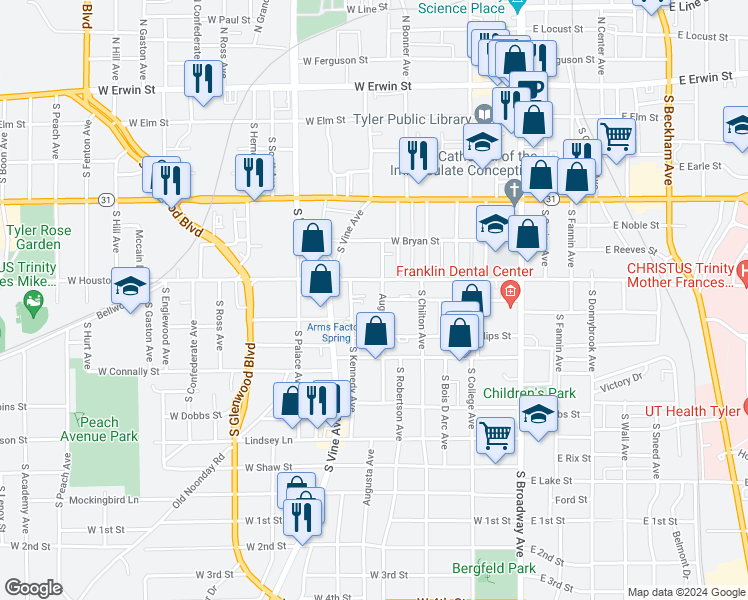map of restaurants, bars, coffee shops, grocery stores, and more near 619 Augusta Avenue in Tyler