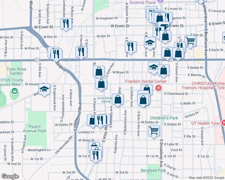 map of restaurants, bars, coffee shops, grocery stores, and more near 620 South Kennedy Avenue in Tyler
