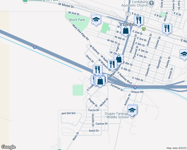 map of restaurants, bars, coffee shops, grocery stores, and more near 1225 Lead Street in Lordsburg