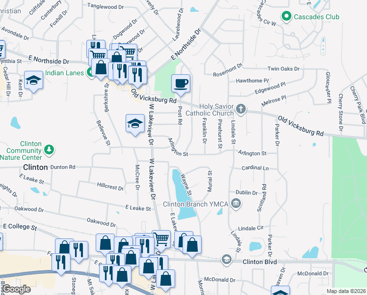 map of restaurants, bars, coffee shops, grocery stores, and more near 704 Tanglewood Dr in Clinton