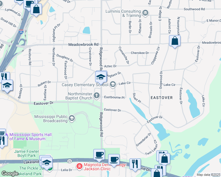 map of restaurants, bars, coffee shops, grocery stores, and more near 2101 Lake Circle in Jackson