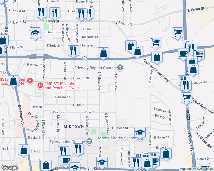 map of restaurants, bars, coffee shops, grocery stores, and more near 626 South Blackwell Avenue in Tyler