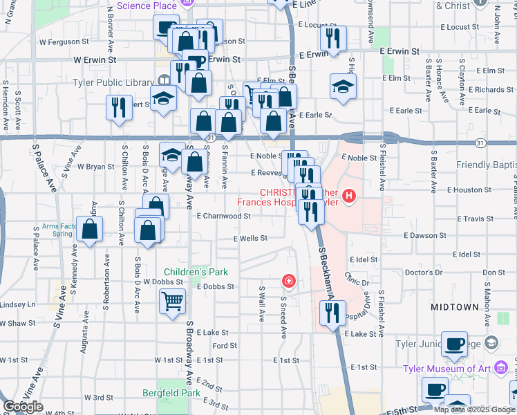 map of restaurants, bars, coffee shops, grocery stores, and more near 617 Niblack Place in Tyler